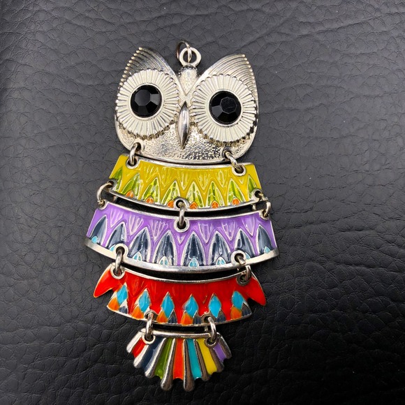Estate Jewelry - Vtg Articulated Multicolor Owl Pendant Enameled 3.5" Aztec Style w/ Crystal Eyes